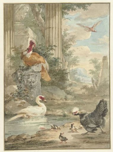 Turkey and Other Birds among Classical Ruins in a Park