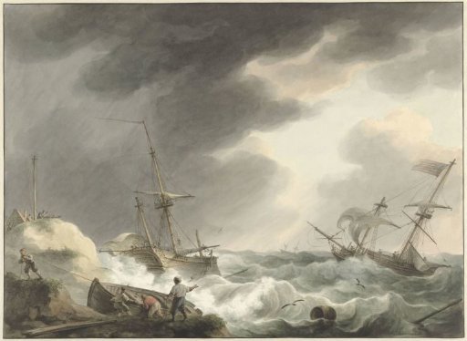 Shipwreck of two ships, one under the American flag, on a dune coast