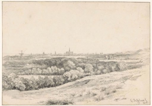 Landscape with several mills and a church in the distance