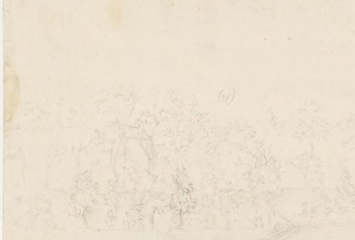 Sketch of a landscape with a farm between the trees