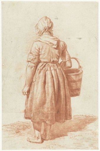 Standing girl with bucket, seen from the back