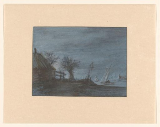 Farmhouse with pollard willow and sailing ships on open water