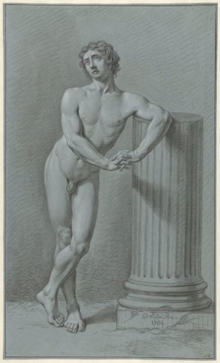 Standing male nude, leaning against a broken column