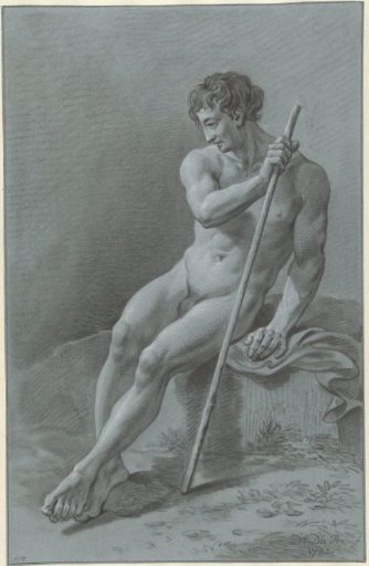Sitting male nude, a staff in the right hand