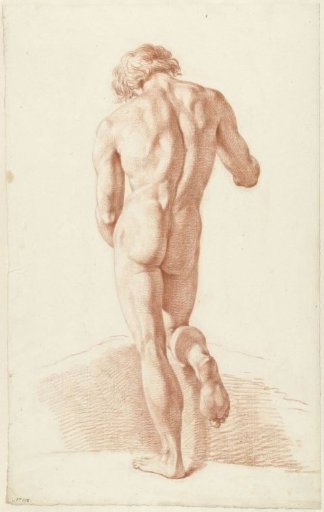 Standing male nude, seen from the back, leaning on the right knee