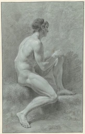 Seated male nude with knees drawn up, seen from the side, facing right