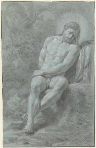 Seated male nude, leaning against a stone, seen from the front