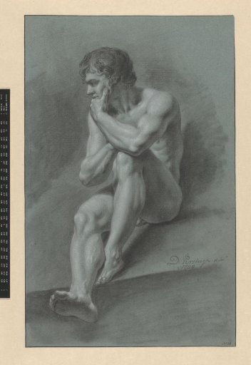 Seated male nude with left hand under chin, facing left