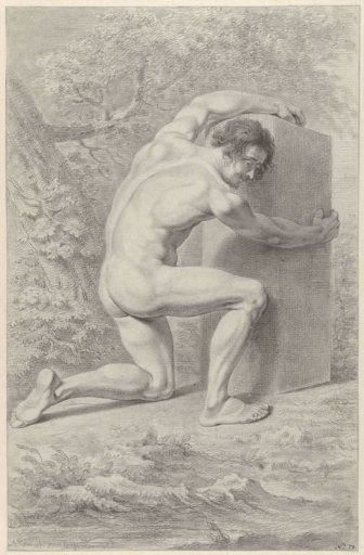 Kneeling male nude, arms bound around a block