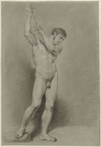 Standing male nude with a staff above his head