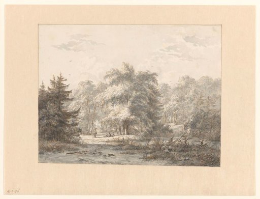 Landscape with resting figures under trees by a water