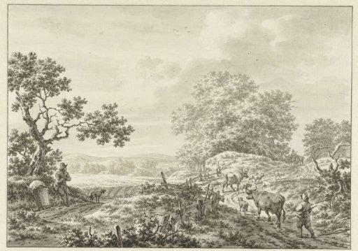 Summer landscape with a shepherd with two cows and sheep
