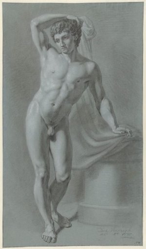 Standing male nude with a cloth behind the body