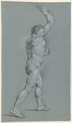 Standing male nude, seen from the back, right arm raised
