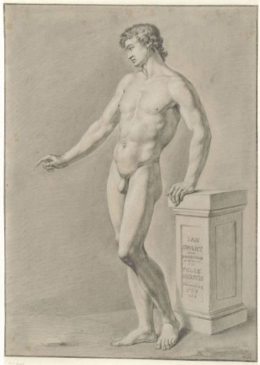 Standing male nude beside a small column