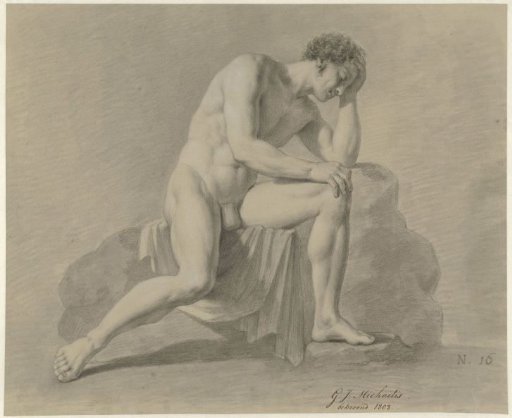 Seated male nude, head resting on the left arm