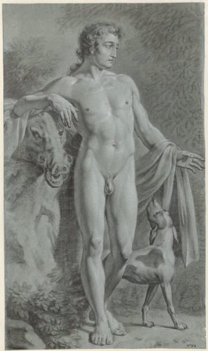 Standing male nude with a dog and the head of a boar