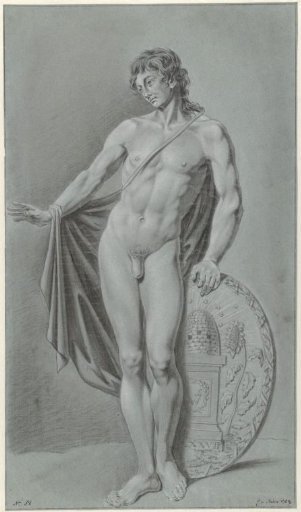 Standing male nude with cloak and shield