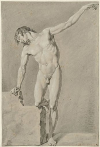 Standing male nude, left arm raised