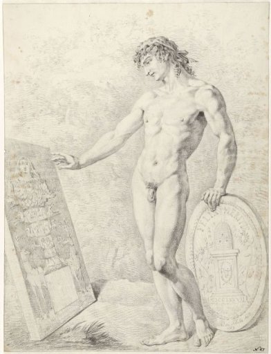 Standing male nude, with a relief depicting a fertility goddess (Isis?) and a shield with the emblem of Felix Meritis