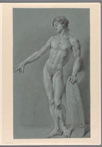 Standing male nude with a shield bearing the emblem of Felix Meritis
