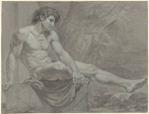 Seated male nude, to the right with extended leg