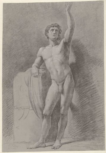 Standing male nude, leaning against a block
