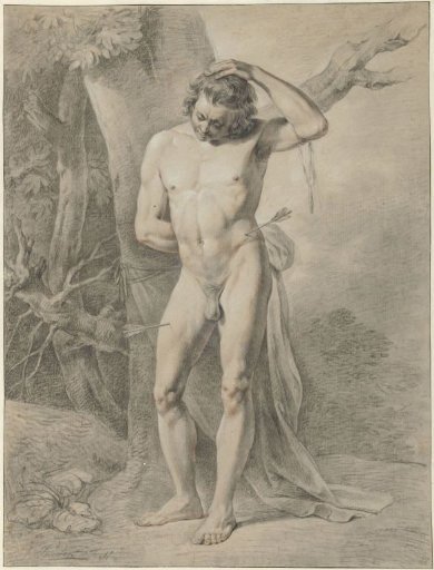 Standing male nude, in front of a tree