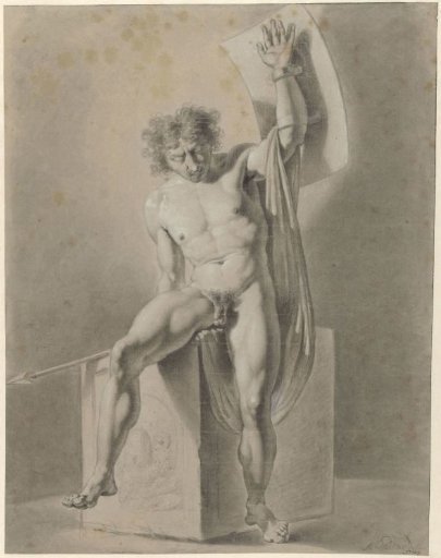 Male nude, sitting on a block, with spear and shield