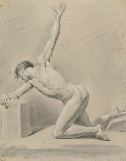Male nude, kneeling on the left knee, facing left