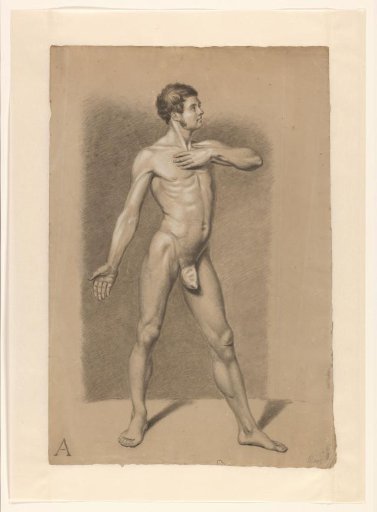 Standing male nude with hand on chest