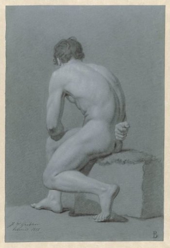 Seated male nude, half turned to the left, seen from the back