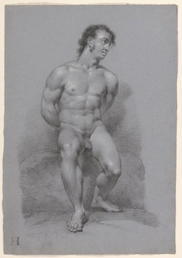 Seated male nude, seen from the front with hands on the back