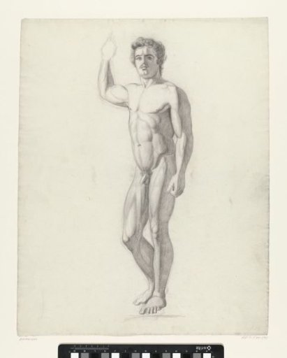 Standing male nude with raised arm, to the left