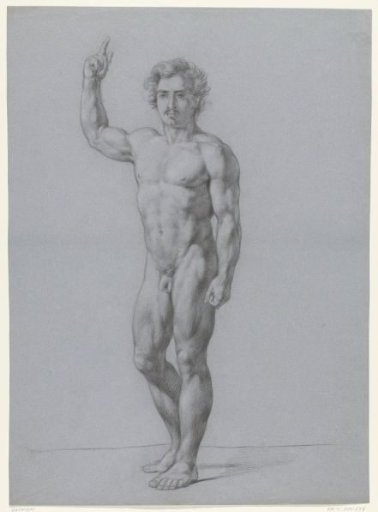 Standing male nude with raised arm, to the left