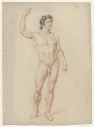 Standing male nude with raised arm, to the right