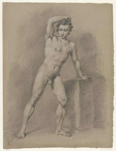 Standing male nude leaning on a block, seen from the front