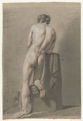 Kneeling male nude on a block, seen from behind