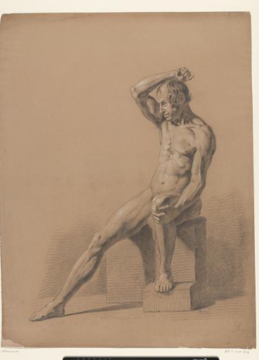 Seated male nude, on a block, with extended leg, facing left