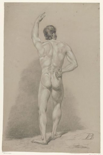 Standing male nude with raised arm, seen from behind