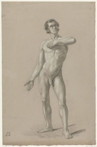 Standing male nude with hand on chest