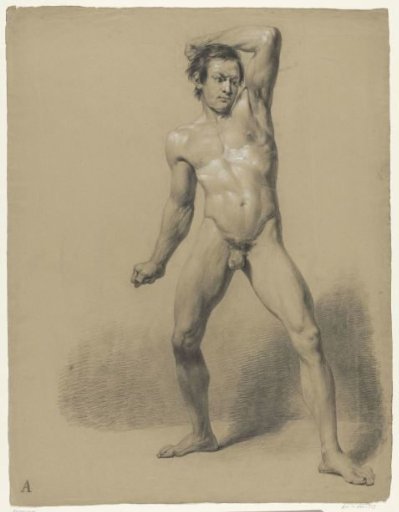 Standing male nude with clenched fists