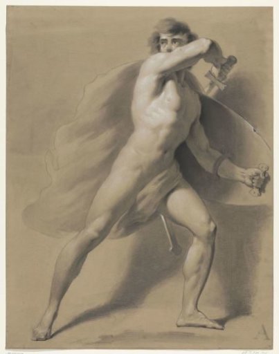 Standing male nude, as a warrior