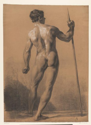 Standing male nude with spear, seen from the back