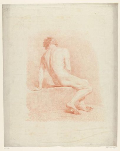 Seated male nude on a block, seen from the back