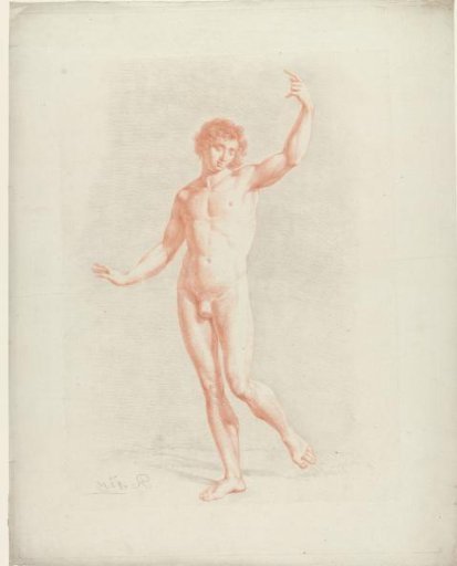 Male nude, standing on one leg with raised arms