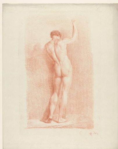 Standing male nude with staff, seen from the back