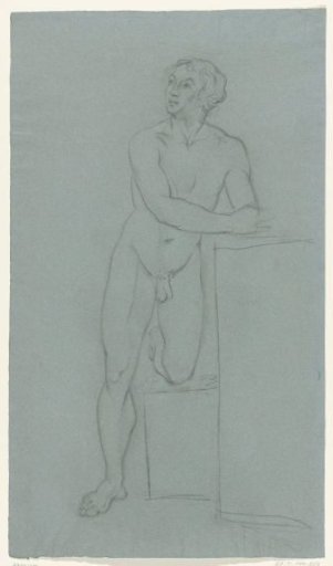 Male nude, with one knee on a block and leaning on another block