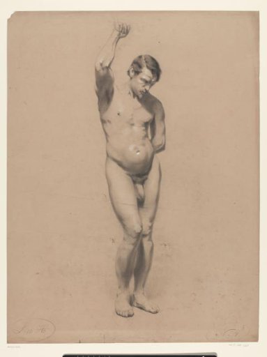 Standing male nude, one arm raised and the other on the back