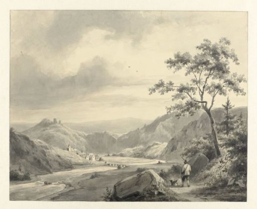 Hilly landscape with hunter with dog on the road